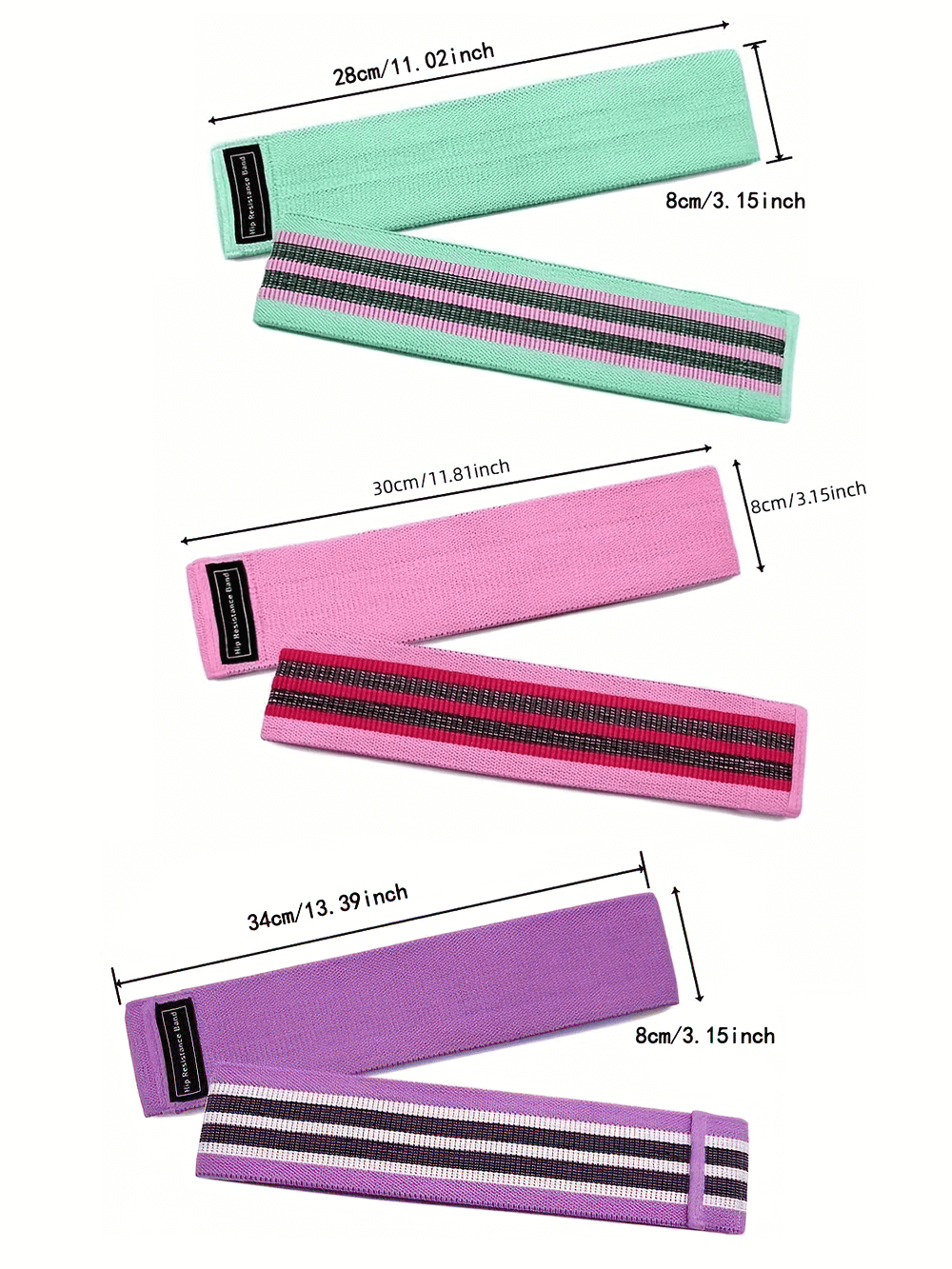 Set of 3 fabric resistance bands in green, pink, and purple for glute and thigh training, measuring 33cm by 8cm each.